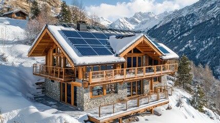 home solar installation on picturesque French chalets in the Alps with snow-resistant panels