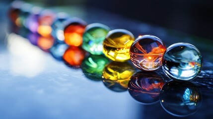 An arrangement of multicolored glass marbles on a smooth surface, each reflecting different facets of light, metaphorically representing the unique contributions of individuals to a diverse community
