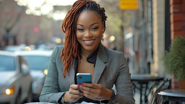 Smiling businesswoman with locs uses smartphone outdoors at cafe.
