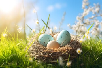 Obraz premium Colorful Easter Eggs in a Nest on Sunny Spring Meadow, Festive Nature Background, Vibrant Pastel Holiday Decor, Fresh Green Grass and Flowers, HD Easter Celebration Scene