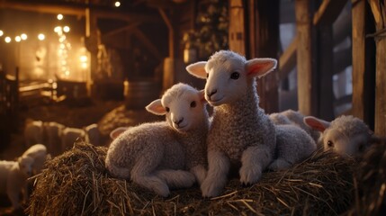 Two adorable lambs resting together on a hay bale inside a cozy barn with warm lighting and rustic ambiance, showcasing the charm of farm life and animal companionship