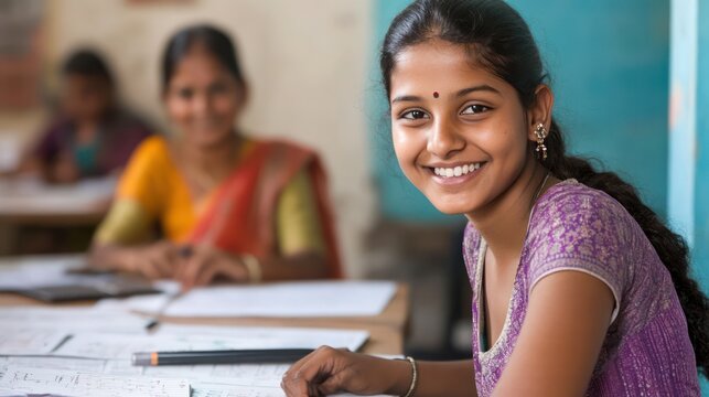 Indian student benefiting from a microloan program at a rural banking center in Jaipur, India
