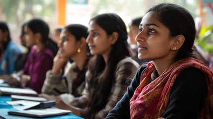 Fototapeta premium Indian university students attending a financial literacy program at a campus in New Delhi, India