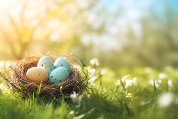 Obraz premium Colorful Easter Eggs in a Nest on Sunny Spring Meadow, Festive Nature Background, Vibrant Pastel Holiday Decor, Fresh Green Grass and Flowers, HD Easter Celebration Scene