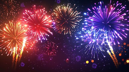 Virtual fireworks exploding in vibrant neon colors across a sleek digital screen, glowing bursts of red, purple, and gold illuminating the dark backdrop, sparkling effects, high-tech holographic