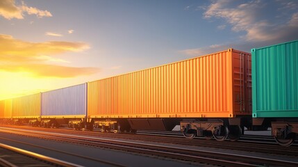 Fototapeta premium Vibrant Freight Containers at Sunset on a Railway Track, Showcasing Transportation and Logistics Urban Industrial Landscape