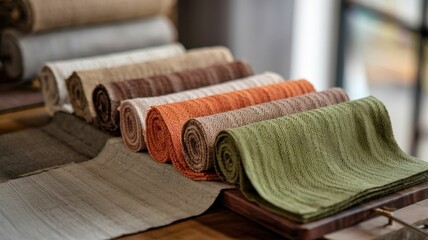 A collection of neatly rolled fabrics in various earthy tones displayed on a wooden surface, showcasing texture and color diversity.