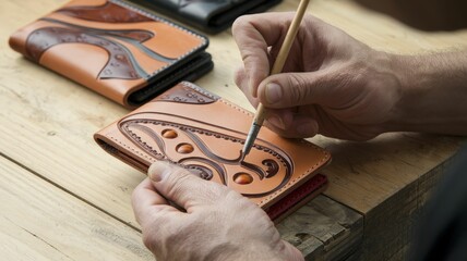 A craftsman intricately designs leather wallets, showcasing skillful artistry and attention to detail on a wooden surface.
