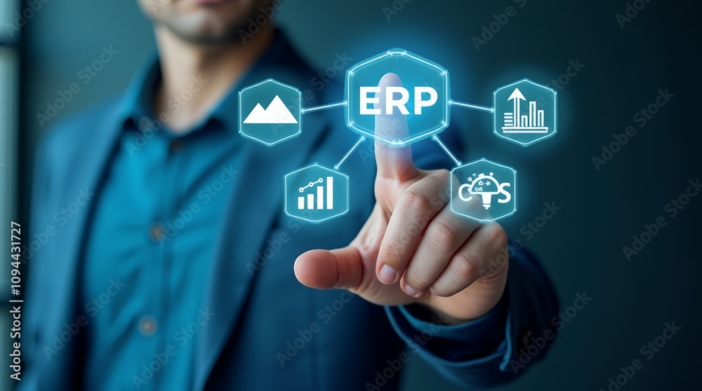 Poster businessman interacting with erp software on a virtual screen to optimize finance, accounting, sales