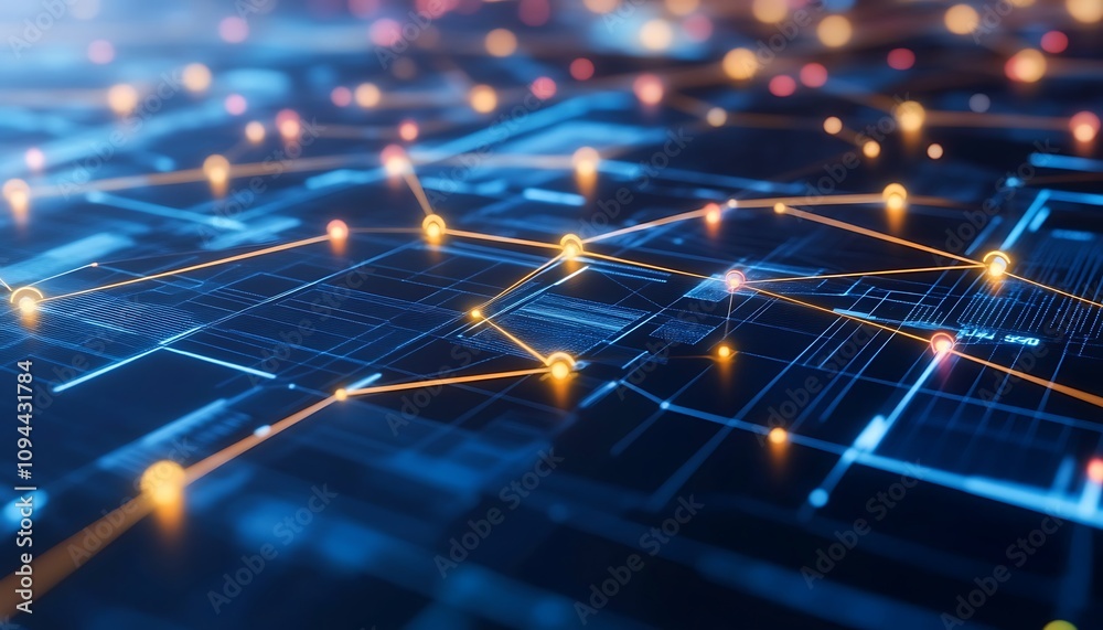 Poster abstract representation of a digital network with interconnected nodes and pathways.
