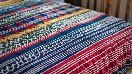 A vibrant, multicolored textile featuring intricate patterns, showcasing craftsmanship with a blend of reds, blues, and yellows.