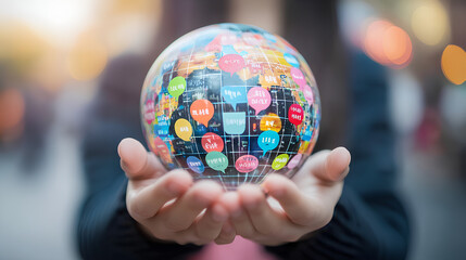 Multilingual Language Translation Technology Concept. A person holding holographic globe with speech bubbles and various languages, represents global language translate and multilingual communication.