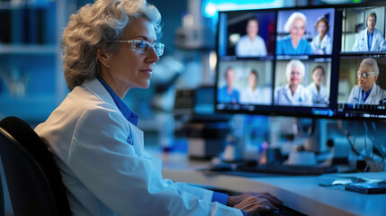 Female doctor conducting scientific video conference using computer talking to other doctors on screen