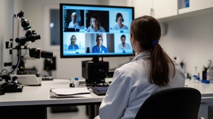 Obraz premium Female doctor conducting scientific video conference using computer talking to other doctors on screen