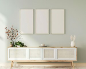 Three blank picture frames above a white sideboard in a minimal living room interior