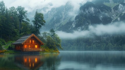 Fototapeta premium A Remote Cabin by Misty Mountains and Serene Lake.