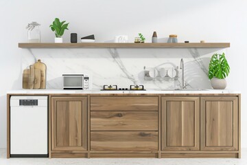 Fototapeta premium Modern kitchen counter with wood cabinets, marble backsplash, and black faucet