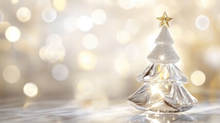 Sparkling Christmas Tree Decoration with Golden Star on Top, Blurred Golden Lights Background for Festive Holiday Atmosphere and Joyful Celebrations