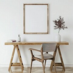 Minimalist wooden desk with a chair, a plant, and a framed poster in a white room