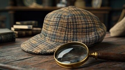 A classic checked detective cap rests beside a vintage magnifying glass on a rustic wooden table.