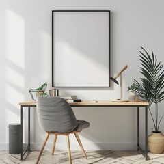 A minimalist home office with a desk, chair, and plants
