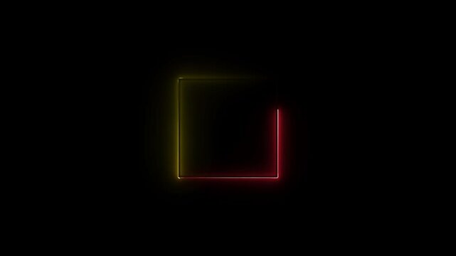 Neon glowing square frame on black background.Square neon animation. Abstract neon Glowing square frame animation.