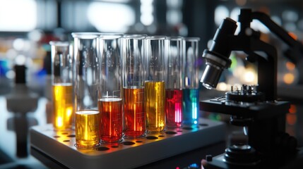 Colorful test tubes filled with liquids in a laboratory setting, showcasing vibrant hues and scientific equipment.