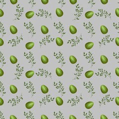 Green Easter Egg with Brunch Small on Gray Background Seamless Pattern