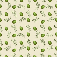 Green Easter Egg with Brunch Small on Yellow Background Seamless Pattern