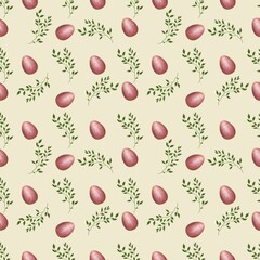 Pink Easter Egg with Brunch Small on Yellow Background Seamless Pattern