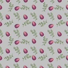 Violet Easter Egg with Brunch Small on Gray Background Seamless Pattern