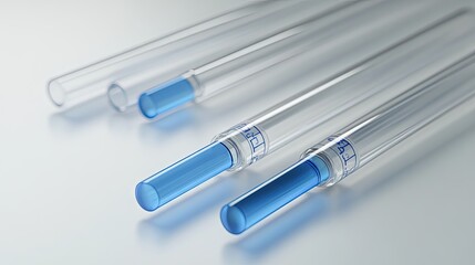 A close-up of several clear glass test tubes with blue liquid, showcasing laboratory equipment for scientific experimentation.