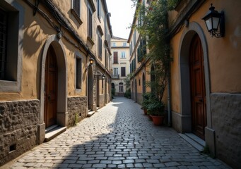 Fototapeta premium Cobblestone alleyway in a quaint European town captured on a sunny afternoon