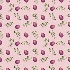 Violet Easter Egg with Brunch Small on Pink Background Seamless Pattern