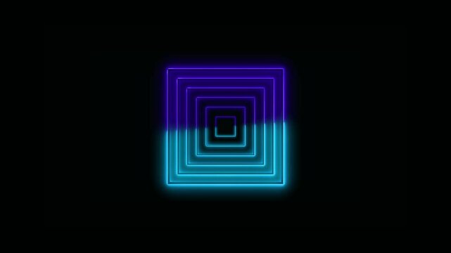 neon square frame animation.looped 3d animation neon tunnel with rotating square frames abstract black background