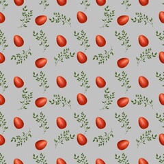 Red Easter Egg with Brunch Small on Gray Background Seamless Pattern