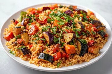 Fototapeta premium Mediterranean Couscous Salad: A vibrant and flavorful dish, featuring couscous, roasted vegetables, and fresh herbs, perfect for a light and healthy meal. 