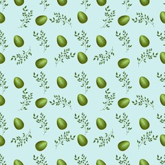 Green Easter Egg with Brunch Small on Blue Background Seamless Pattern