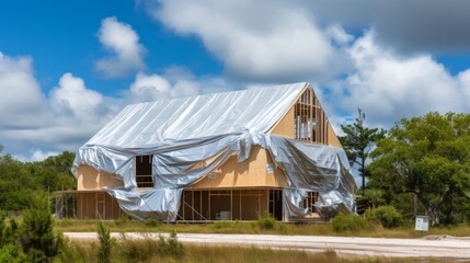 Steel roof structure under construction with aluminum foil insulation for heat reflection