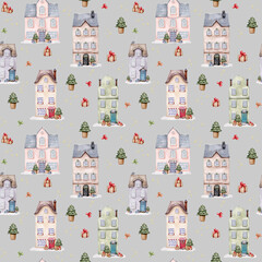 Seamless pattern with European traditional houses on gray background. Christmas, winter, new year. Snow-covered city buildings decorated for the holiday. Hand drawn watercolor illustration.
