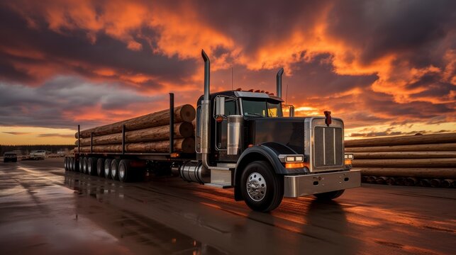 Transporting large modern farming tractors on flatbed truck during sunset on highway