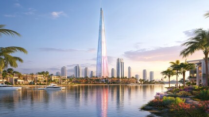 Obraz premium A futuristic skyline featuring a towering structure beside a serene waterfront.