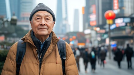 Fototapeta premium Confident senior man in Shanghai, China, standing tall against a bustling cityscape