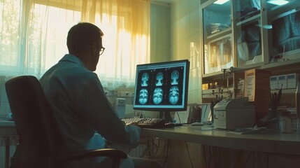 Young doctor in his office uses a computer and looks at x-rays and patient test results