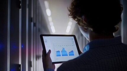 Engineer in the server room controls the operation of electronics using a tablet application, displays temperature graphs