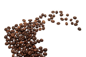 Falling coffee beans isolated on white background with clipping path