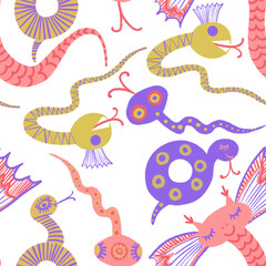 Cute kind monsters illustrations of snakes. For the design of children's clothing and textiles