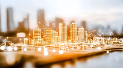 Glowing Cityscape: A digital metropolis connected by lines of light, showcasing futuristic urban design and technological advancement.