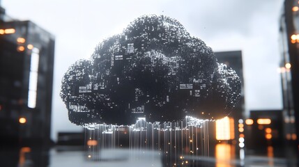Data Cloud: A luminous digital cloud processes real-time information over a cityscape. Futuristic!