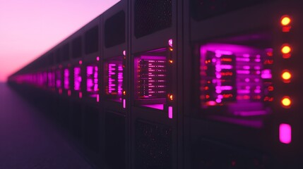 Fototapeta premium Endless rows of glowing servers illuminate the digital horizon at sunset, a mesmerizing sight of technological advancement.